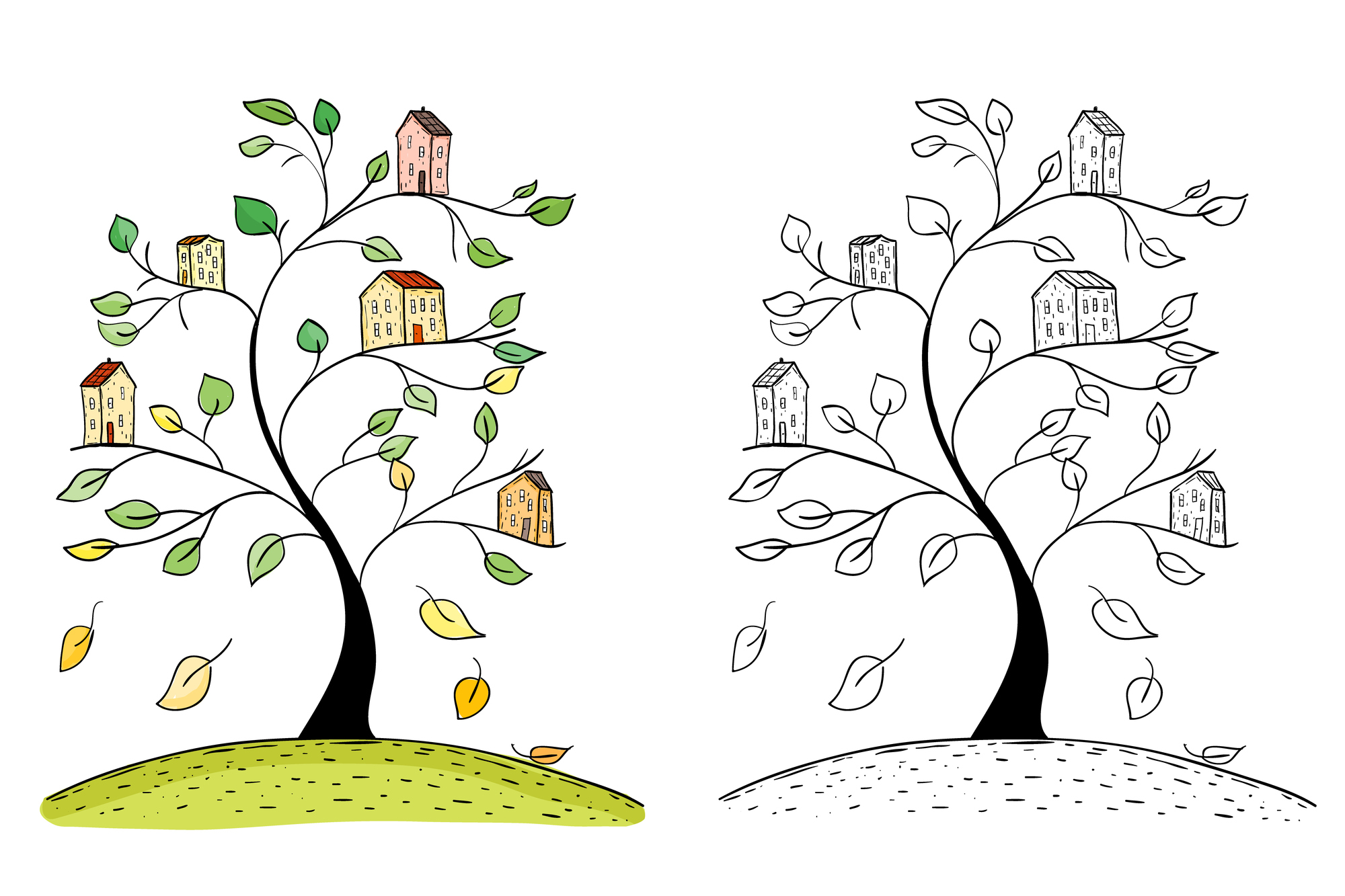 Illustration of doodle houses on tree. Drawing of village on tree branches. Hand drawn sketch.