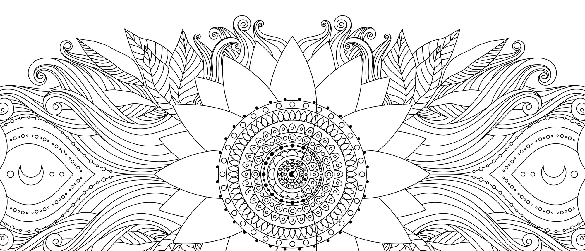 Hand drawn wavy and flower ornament. Ethnic asian boho design card, black and white illustration for coloring book, invitation, poster. Vector background.